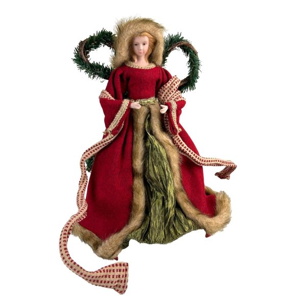 Angel Christmas Tree Topper Red Dress Brand Wings Fur Trimmed Holiday Decor - Picture 1 of 16